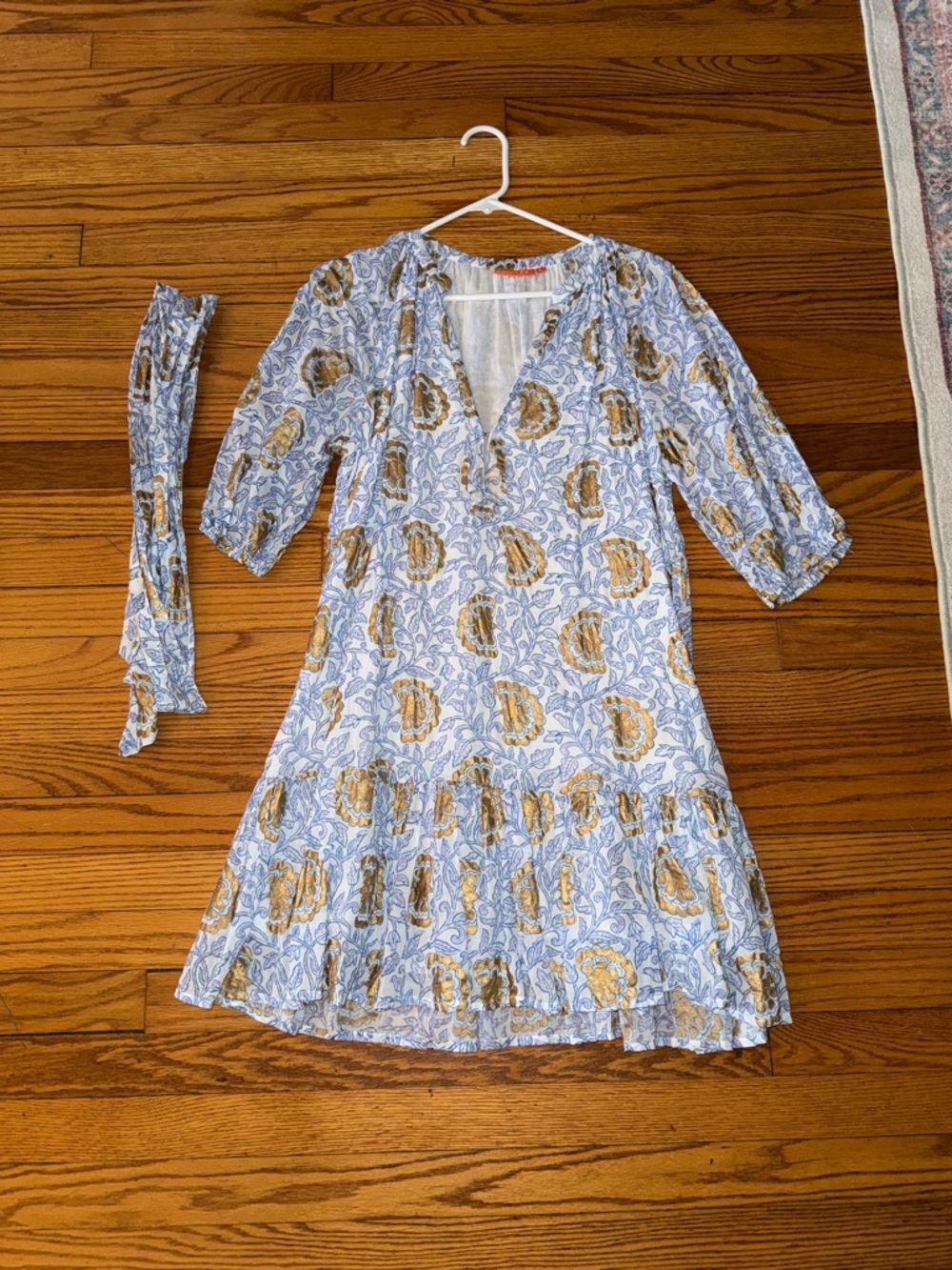 Oliphant Jamali Light Blue and Gold Floral Tiered Dress, size L